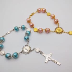 Pink and Blue Saint Benedict Rosary Bracelet with Flower Accents, Bracelets product image 3