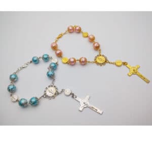 Pink and Blue Saint Benedict Rosary Bracelet with Flower Accents, Bracelets product image 4