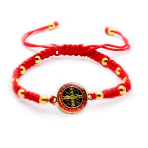 Red Chinese Knot Saint Benedict Bracelet with handcrafted woven styling