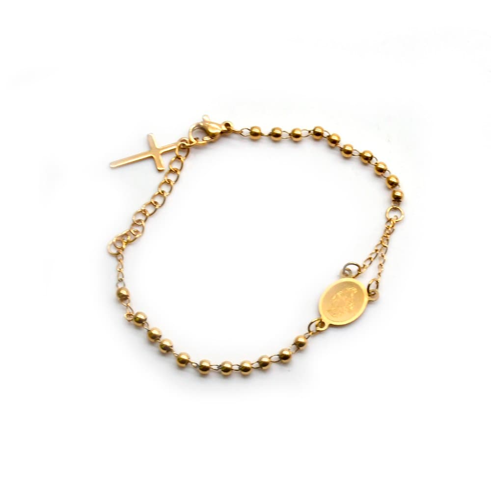 Gold Mini Mary Cross Rosary Bracelet with petite beads and cross accent