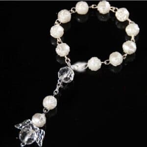 Angel Wing Baptism Rosary Bracelet with rose and heart details
