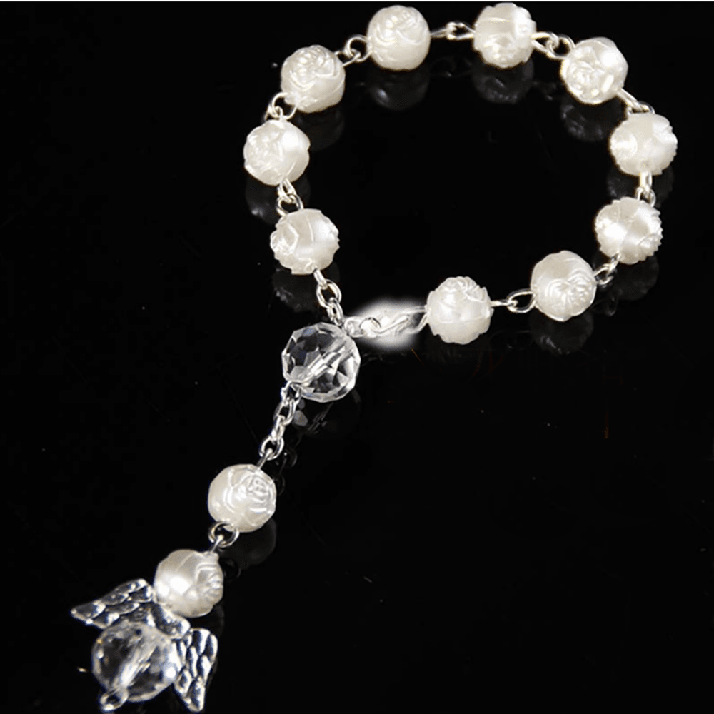 Angel Wing Baptism Rosary Bracelet with rose and heart details