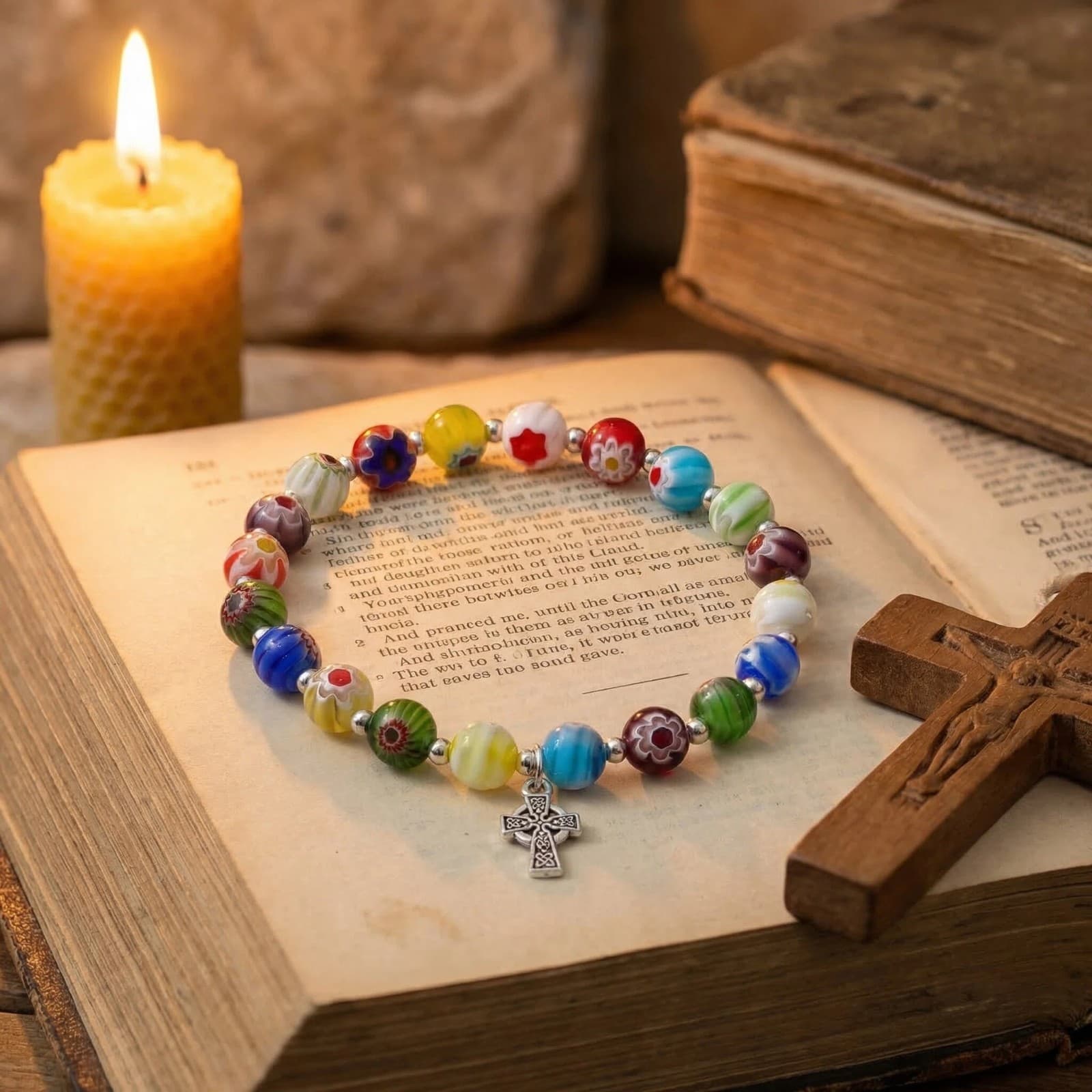 Floral Pattern Cross Bracelet with patterned beads and a cross accent