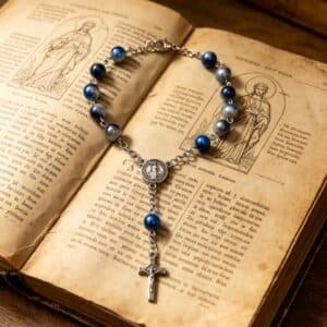 Blue Iridescent Car Rosary Hanger featuring eleven blue iridescent beads
