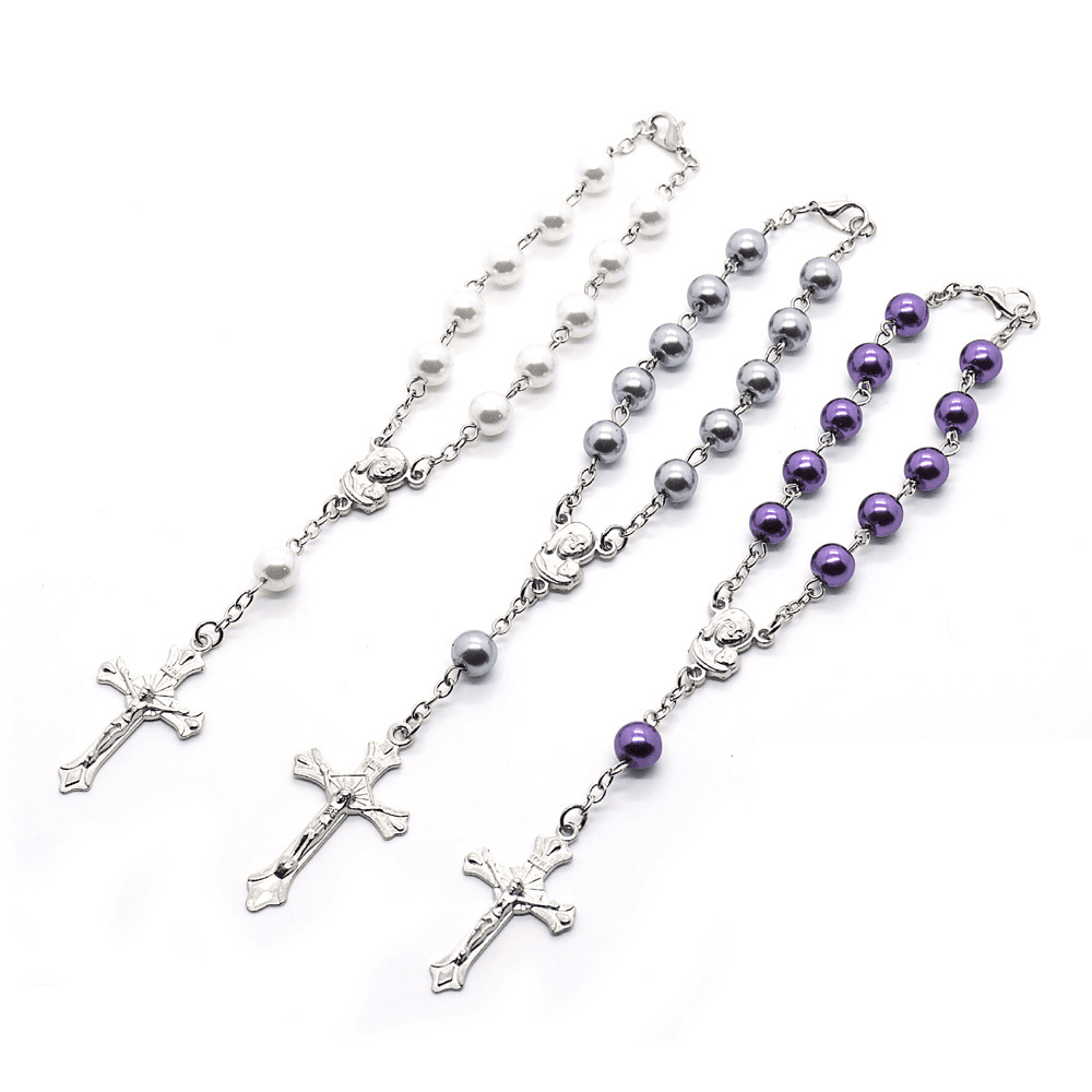 Cross Bead Car Rosary Hanger with rounded beads and a cross detail