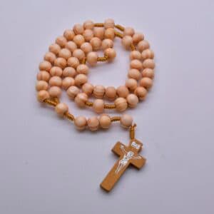 Light Brown Cross Car Rosary Hanger with braided cord and rosary beads