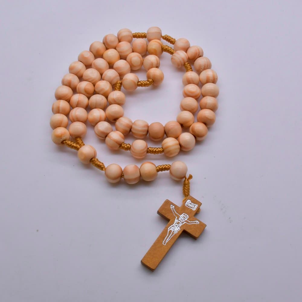 Light Brown Cross Car Rosary Hanger with braided cord and rosary beads