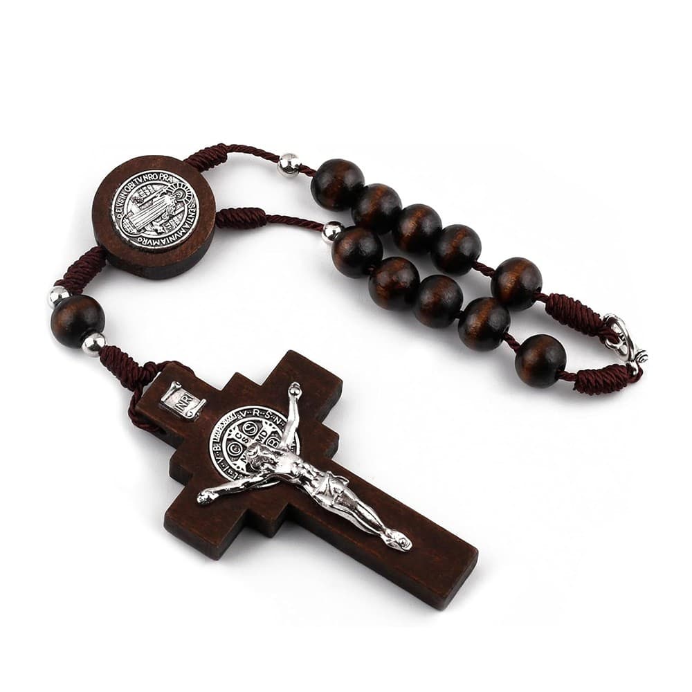 Saint Benedict Car Rosary Hanger with devotional rosary styling for vehicle display