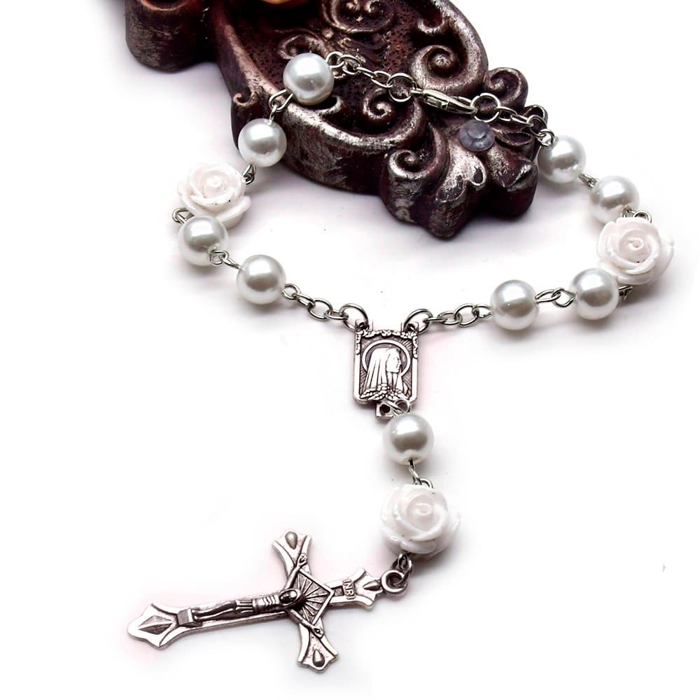 White Pearl Rose Car Rosary Hanger with a rose detail and cross accent