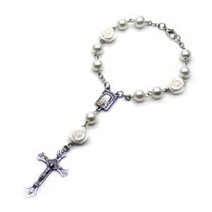 White Pearl Rose Car Rosary Hanger with Cross Accent, Car Rosary Hangers product image 5