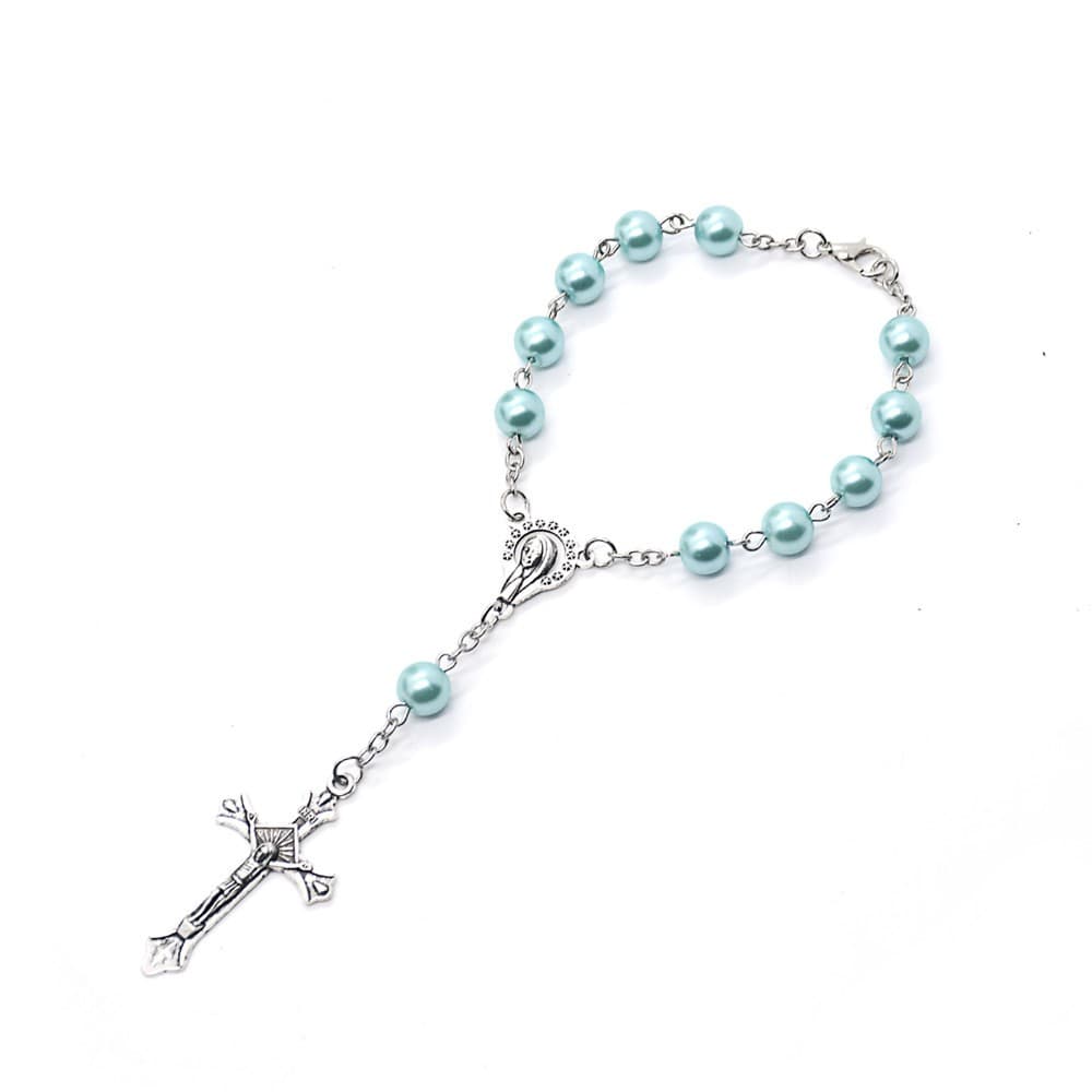 Pearl Cross Car Rosary Hanger with pearl-style beads and a cross accent