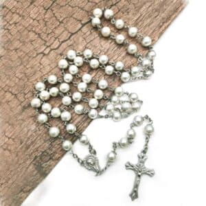 Gold Pearl Cross Car Rosary Hanger with gold-colored pearl-style beads and cross accent