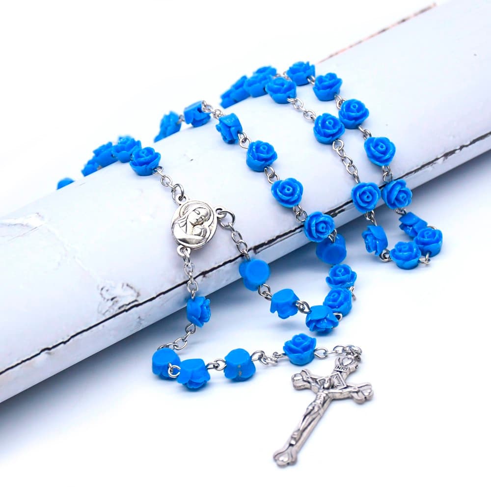 Blue Rose Baptism Rosary Necklace with Mary cross detail