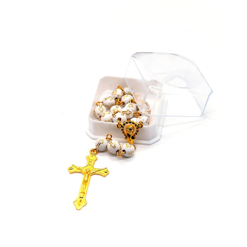 Gold Cross Rosary Baptism Bracelet in a presentation box