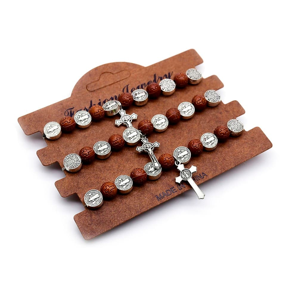 Saint Benedict Cross Bracelet Set with three handmade round-bead bracelets