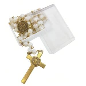 Boxed Crucifix Rosary Gift Set with vintage-inspired cross necklace in silver-tone or gold-tone