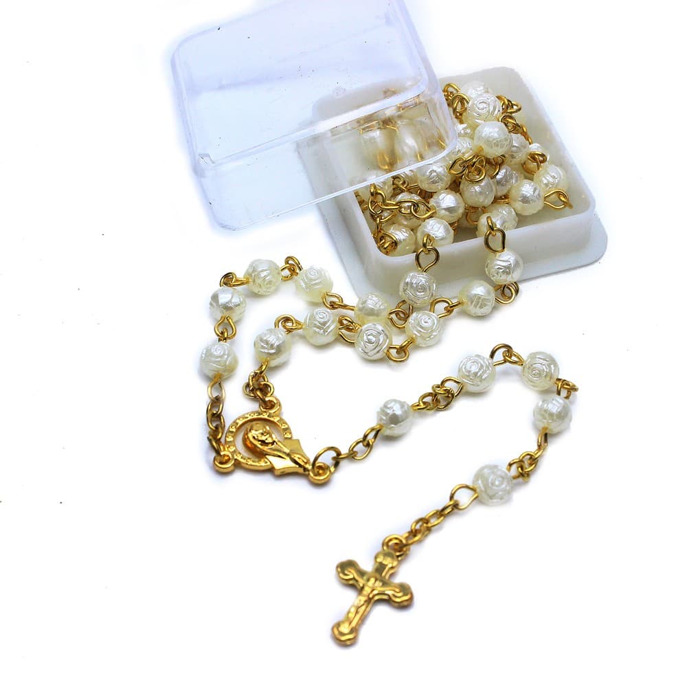 Boxed Rose Bead Rosary Necklace with cross pendant and presentation box