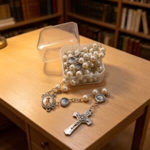 Pearl-Tone Heart Virgin Mary Rosary Necklace Gift Set in a presentation box