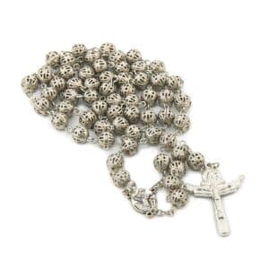 Openwork Cross Rosary Necklace with rosary-style beads and decorative cross pendant