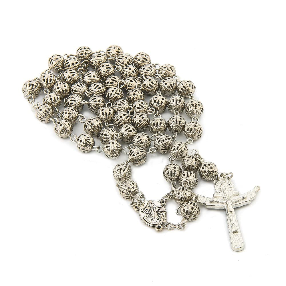 Openwork Cross Rosary Necklace with rosary-style beads and decorative cross pendant