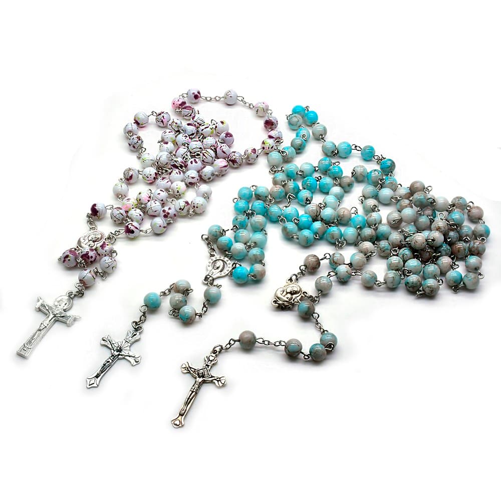 Striped Bead Rosary Set with three crucifix rosary necklaces