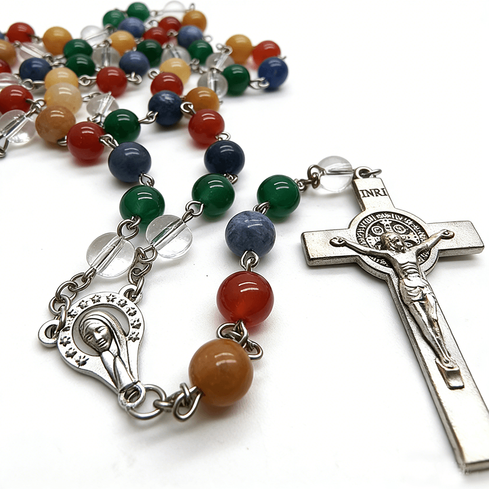 Colorful Saint Benedict Cross Rosary with vibrant beads