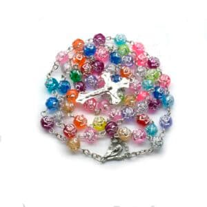 Colorful Rose Bead Cross Rosary Necklace with floral-inspired beads