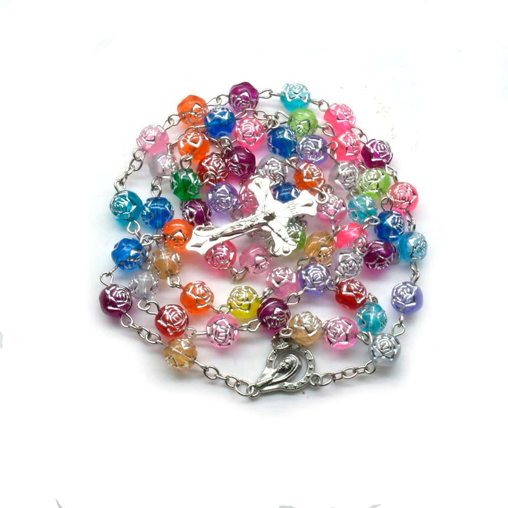 Colorful Rose Bead Cross Rosary Necklace with floral-inspired beads