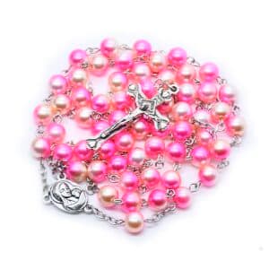 Pink 59-Bead Rosary Necklace in a devotional necklace arrangement