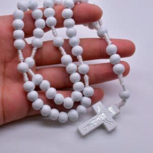 White Bead Cross Rosary Necklace with bright beads and cross detail