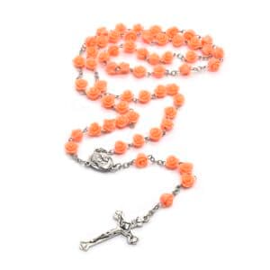 Orange Rose Rosary Necklace with floral bead details and Marian cross