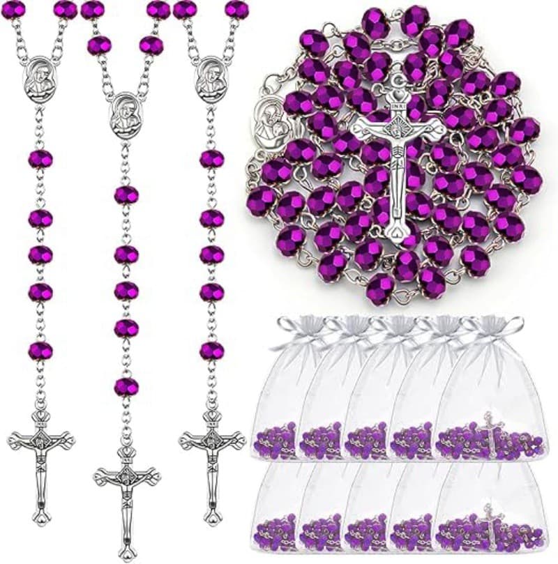 Violet Cross Rosary Necklace with devotional bead strand