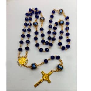 Blue Benedict Crucifix Rosary with deep blue beads, ornate centerpiece, and embellished crucifix