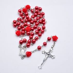 Red Rose Cross Rosary with rose-inspired beads and cross detail