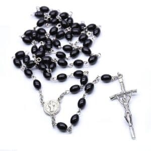 Black Cross Rosary Necklace with dark beads and a cross detail