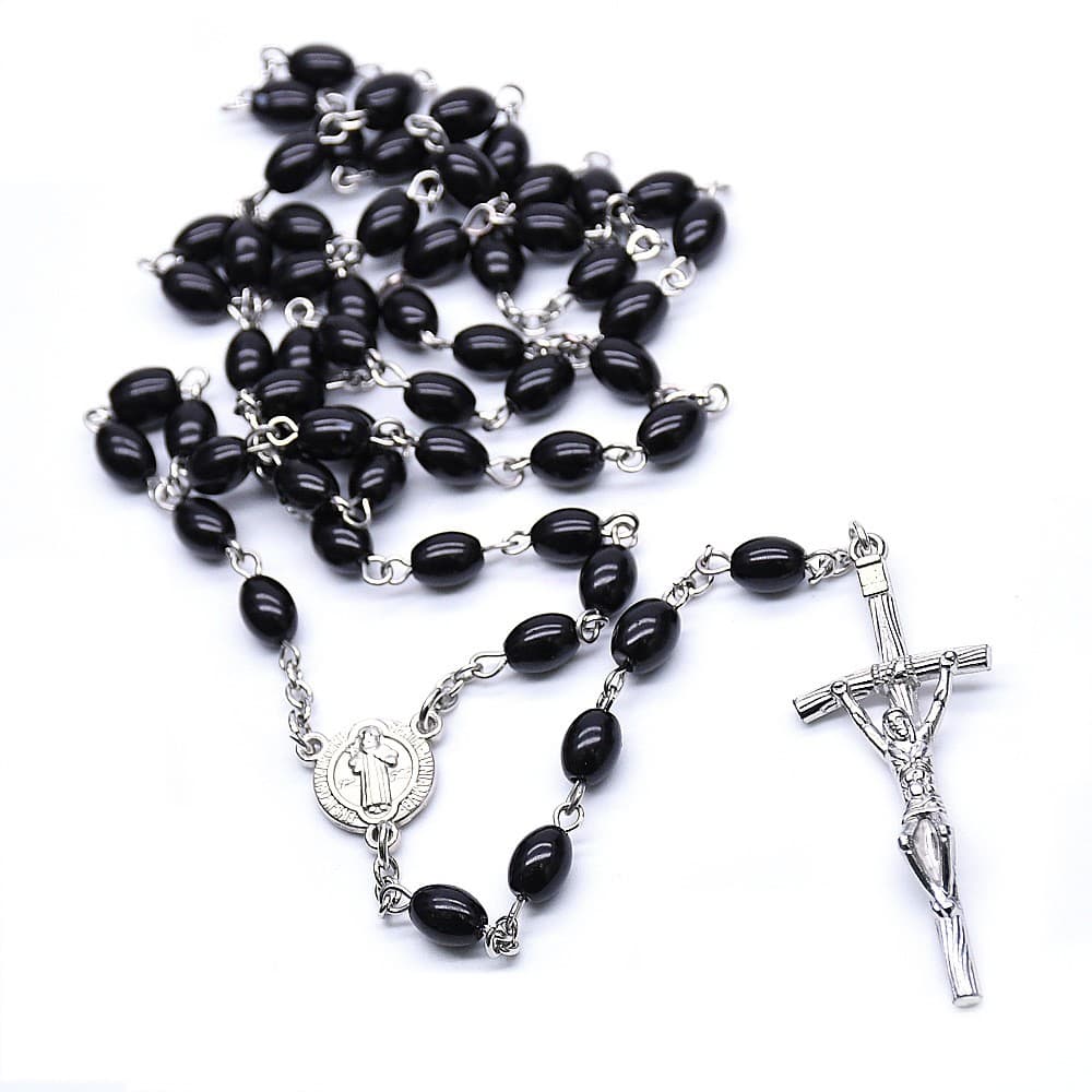 Black Cross Rosary Necklace with dark beads and a cross detail