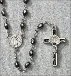 Black Rice Bead Cross Rosary with dark rice-shaped beads and cross accent
