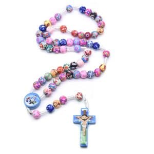 Colorful Rose Rosary Necklace with decorative rose-shaped beads and cross