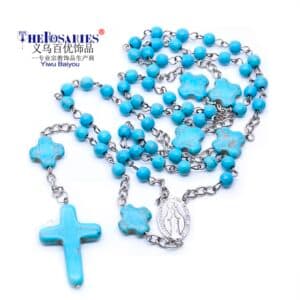 Blue Cross Rosary Necklace with counting beads and cross pendant