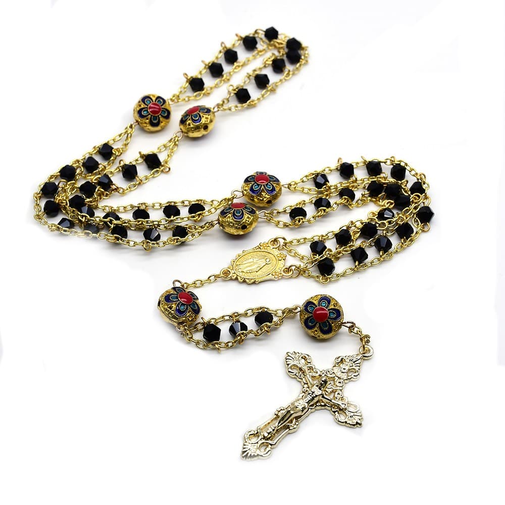 Double Layer Cross Rosary Necklace with layered beads and cross detail