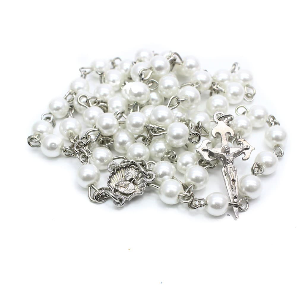 Pearl-Style Cross Rosary Necklace with bead detail