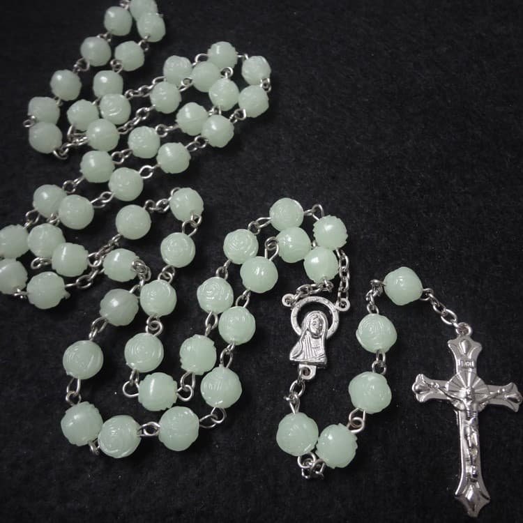 Glow Cross Rose Bead Necklace with a luminous cross and fluorescent rose-style beads