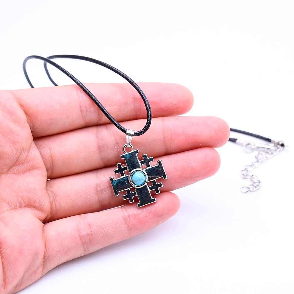 Blue Jerusalem Cross Necklace with Jerusalem pendant motif