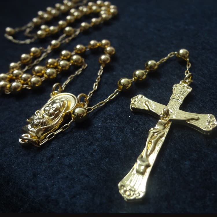 Gold Tone Rosary Cross Necklace with bead-chain detailing and cross centerpiece