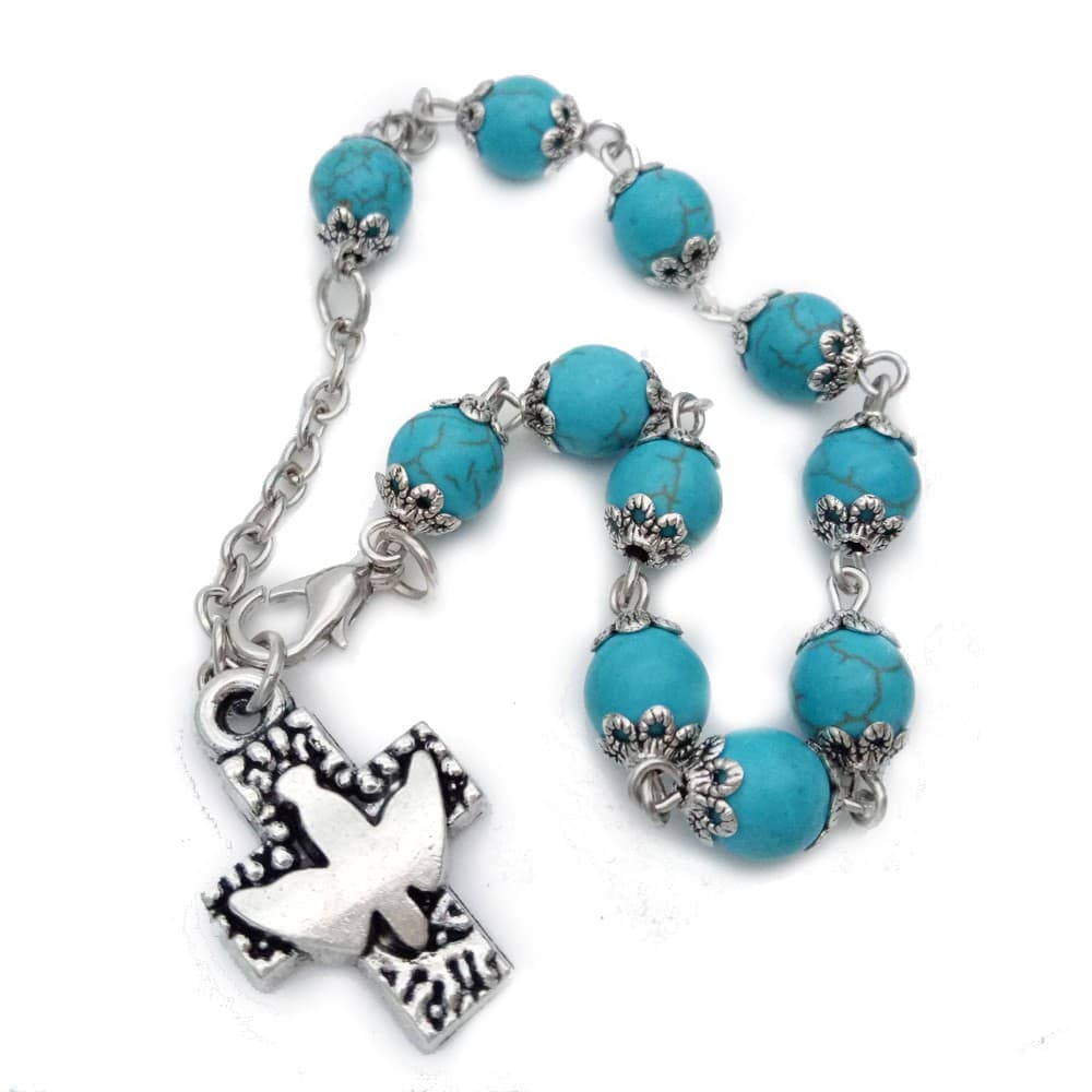 Dove Cross Rosary Bracelet with blue-green beads and adjustable clasp