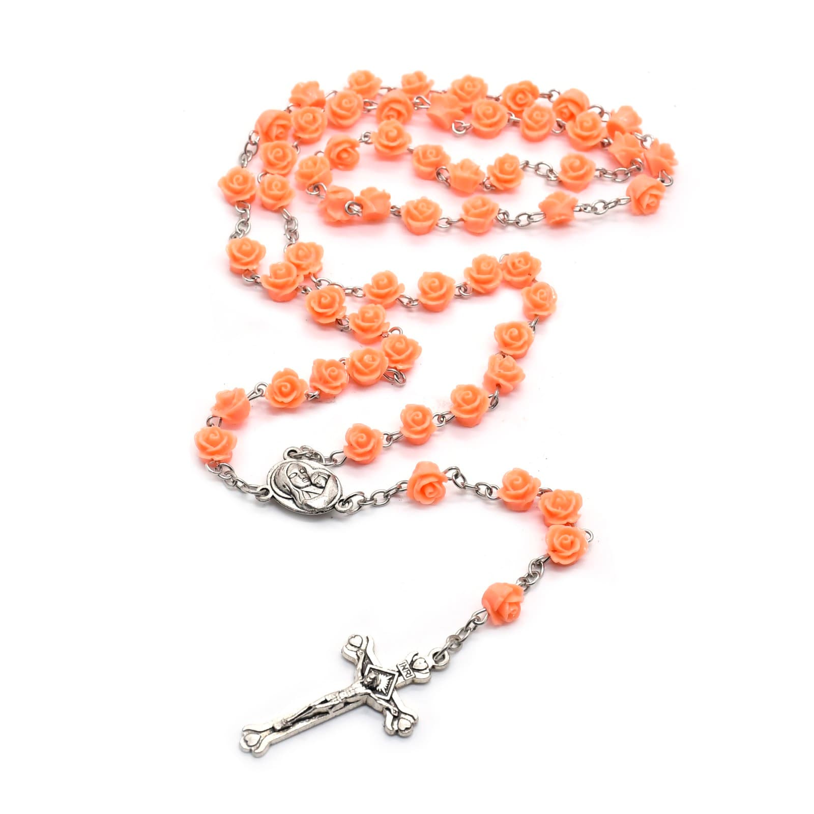 Orange Rose Rosary Necklace with floral bead details and Marian cross